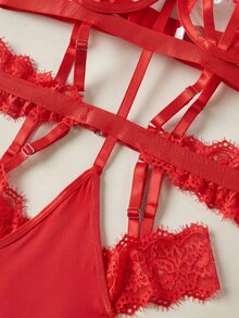 Elorette Women's Lace Patchwork Sexy Lingerie Jumpsuit - Red - View 4