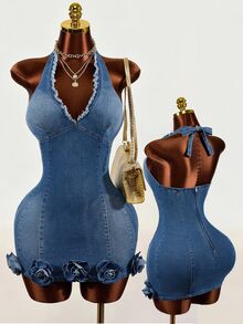 SHEIN Women's 3D Floral Decor Patchwork Frayed Hem Halter Neck Fashion Denim Dress - Blue - View 1