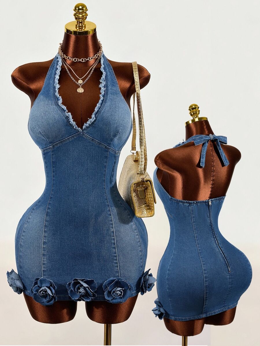 SHEIN Women's 3D Floral Decor Patchwork Frayed Hem Halter Neck Fashion Denim Dress - Blue - View 1