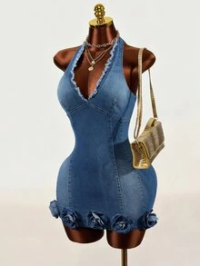 SHEIN Women's 3D Floral Decor Patchwork Frayed Hem Halter Neck Fashion Denim Dress - Blue - View 4