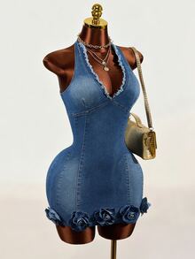 SHEIN Women's 3D Floral Decor Patchwork Frayed Hem Halter Neck Fashion Denim Dress - Blue - View 5