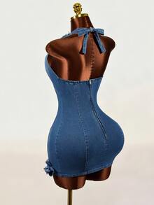 SHEIN Women's 3D Floral Decor Patchwork Frayed Hem Halter Neck Fashion Denim Dress - Blue - View 2