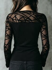 LUMIGAL Kaos Wanita Seksi Kasual Elastis Leher Bulat Motif Patchwork Lengan Panjang Transparan, Musim Semi dan Gugur - Hitam - View 3
