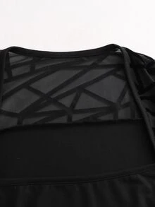 LUMIGAL Kaos Wanita Seksi Kasual Elastis Leher Bulat Motif Patchwork Lengan Panjang Transparan, Musim Semi dan Gugur - Hitam - View 7
