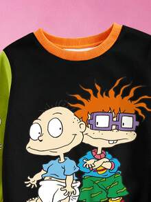 Nick 90s | SHEIN Rugrats 男童休閒兩件套，卡通角色恐龍印花拼色長袖運動衫與慢跑褲 - 藏蓝色 - 查看 5
