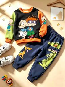 Nick 90s | SHEIN Rugrats 男童休閒兩件套，卡通角色恐龍印花拼色長袖運動衫與慢跑褲 - 藏蓝色 - 查看 1