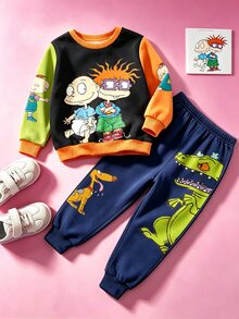 Nick 90s | SHEIN Rugrats 男童休閒兩件套，卡通角色恐龍印花拼色長袖運動衫與慢跑褲 - 藏蓝色 - 查看 3
