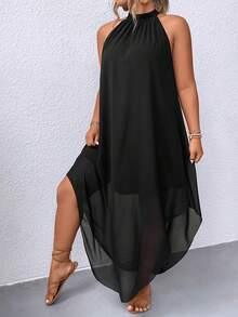 EMERY ROSE Plus Solid Asymmetrical Hem Halter Neck Dress Maxi Women Outfit - Black - View 8