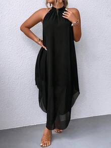 EMERY ROSE Plus Solid Asymmetrical Hem Halter Neck Dress Maxi Women Outfit - Black - View 7