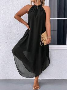 EMERY ROSE Plus Solid Asymmetrical Hem Halter Neck Dress Maxi Women Outfit - Black - View 5