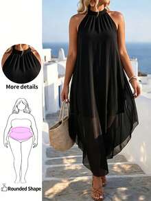 EMERY ROSE Plus Solid Asymmetrical Hem Halter Neck Dress Maxi Women Outfit - Black - View 1