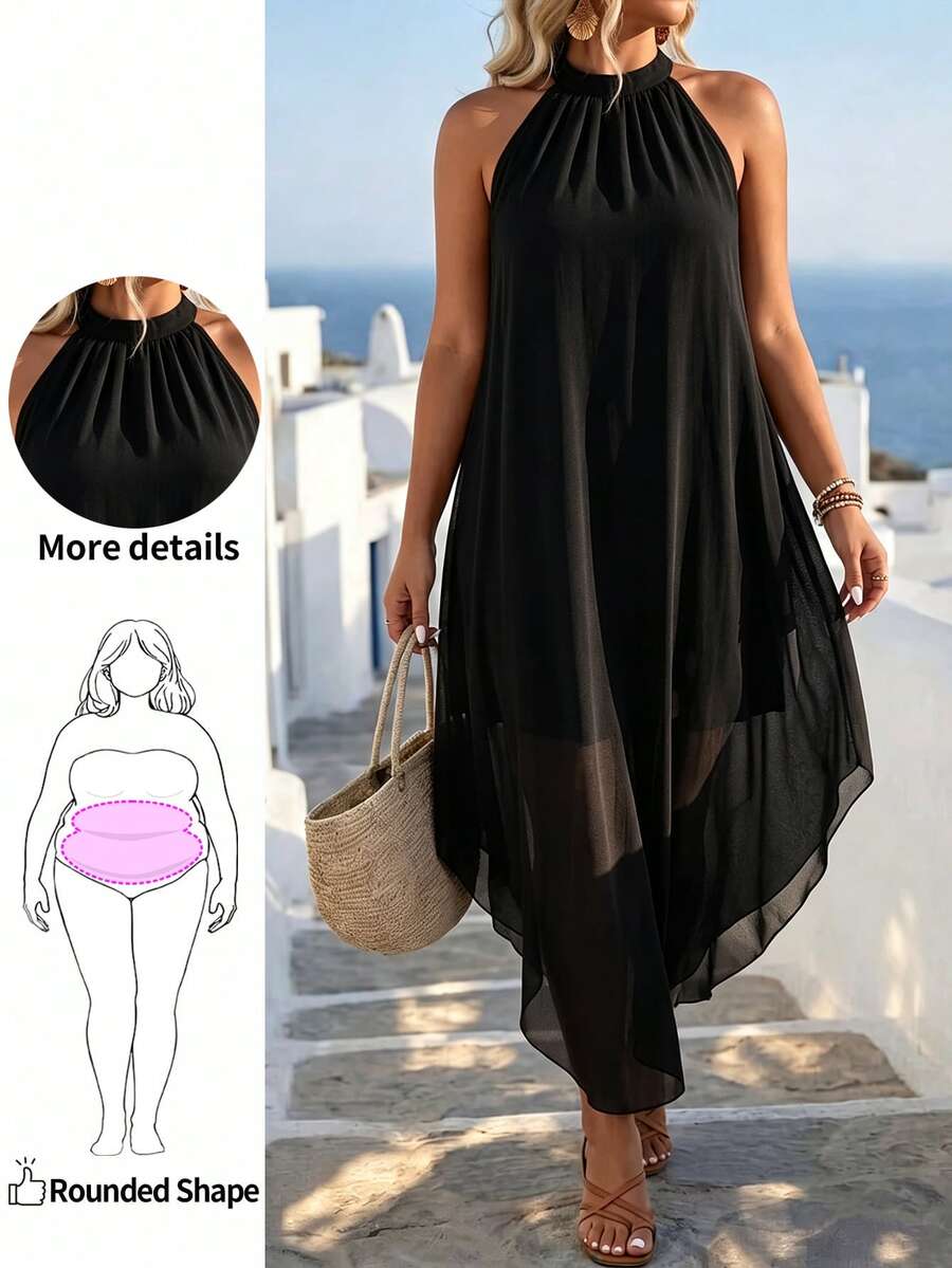 EMERY ROSE Plus Solid Asymmetrical Hem Halter Neck Dress Maxi Women Outfit - Black - View 1