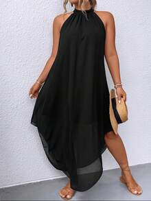 EMERY ROSE Plus Solid Asymmetrical Hem Halter Neck Dress Maxi Women Outfit - Black - View 3