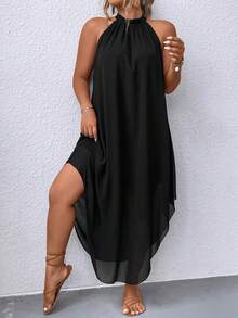 EMERY ROSE Plus Solid Asymmetrical Hem Halter Neck Dress Maxi Women Outfit - Black - View 4