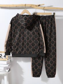SHEIN 2件組兒童青少年男孩休閒極簡時尚經典酷Logo圖案印花全覆蓋拼接圖案印花寬鬆運動休閒極簡寬鬆長袖連帽衛衣與運動長褲套裝，適合秋冬 - 黑色 - 查看 3