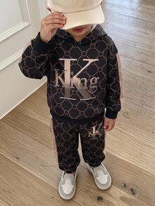 SHEIN 2件組兒童青少年男孩休閒極簡時尚經典酷Logo圖案印花全覆蓋拼接圖案印花寬鬆運動休閒極簡寬鬆長袖連帽衛衣與運動長褲套裝，適合秋冬 - 黑色 - 查看 4