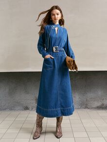 MOTF PREMIUM GAUN DENIM DENGAN GARIS LEHER BERLUBANG TANPA SABUK - Biru - View 5