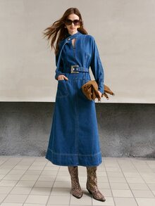 MOTF PREMIUM GAUN DENIM DENGAN GARIS LEHER BERLUBANG TANPA SABUK - Biru - View 6