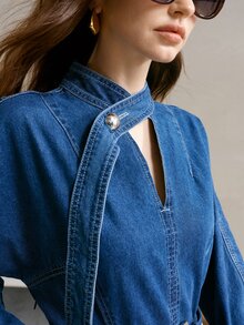 MOTF PREMIUM GAUN DENIM DENGAN GARIS LEHER BERLUBANG TANPA SABUK - Biru - View 2