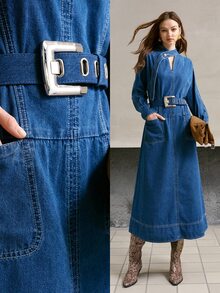 MOTF PREMIUM GAUN DENIM DENGAN GARIS LEHER BERLUBANG TANPA SABUK - Biru - View 9
