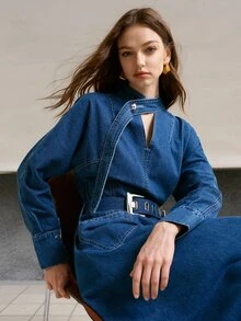 MOTF PREMIUM GAUN DENIM DENGAN GARIS LEHER BERLUBANG TANPA SABUK - Biru - View 8