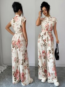 Rafferiza 女款優雅立領前開襟連肩短袖收腰寬腿長版連身褲 - 杏色 - 查看 4