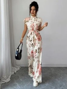 Rafferiza 女款優雅立領前開襟連肩短袖收腰寬腿長版連身褲 - 杏色 - 查看 1
