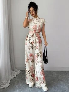 Rafferiza 女款優雅立領前開襟連肩短袖收腰寬腿長版連身褲 - 杏色 - 查看 5