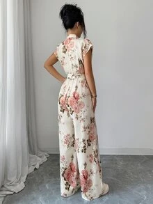 Rafferiza 女款優雅立領前開襟連肩短袖收腰寬腿長版連身褲 - 杏色 - 查看 2