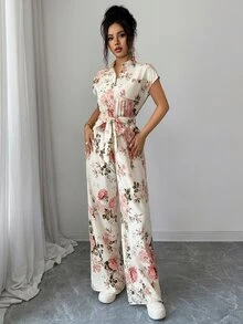 Rafferiza 女款優雅立領前開襟連肩短袖收腰寬腿長版連身褲 - 杏色 - 查看 8