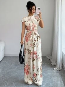Rafferiza 女款優雅立領前開襟連肩短袖收腰寬腿長版連身褲 - 杏色 - 查看 6