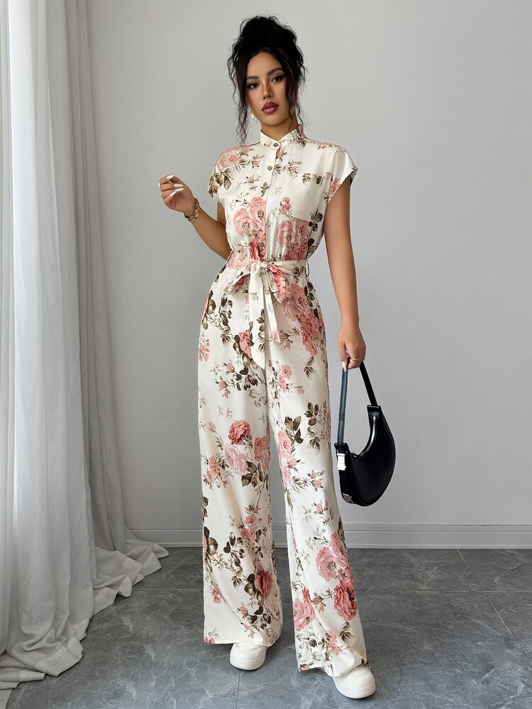 Rafferiza Women's Elegant Stand Collar Front Opening Shoulder-Connected Short Sleeve Cinched Waist Wide Leg Long Jumpsuit - Apricot - View 7