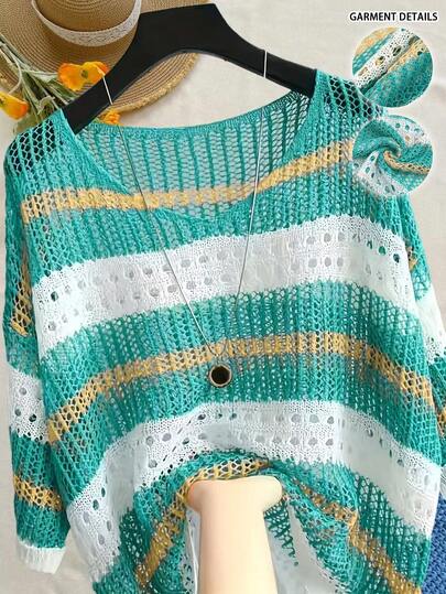 EMERY ROSE Women's Plus-Size Summer Casual White Knit Top,Loose Round-Neck Sequin Crochet Stripe Cutout Shirt,Versatile Bussines Vacation Holiday Fresh Wear Fall