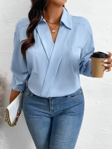 Elenzga Plus Size Solid Color Lapel Mid-Sleeve Minimalist Top, Casual Daily Wear Fall - Baby Blue - View 5