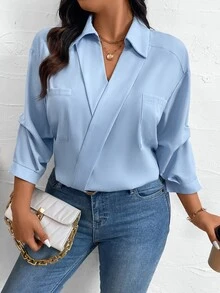 Elenzga Plus Size Solid Color Lapel Mid-Sleeve Minimalist Top, Casual Daily Wear Fall - Baby Blue - View 2
