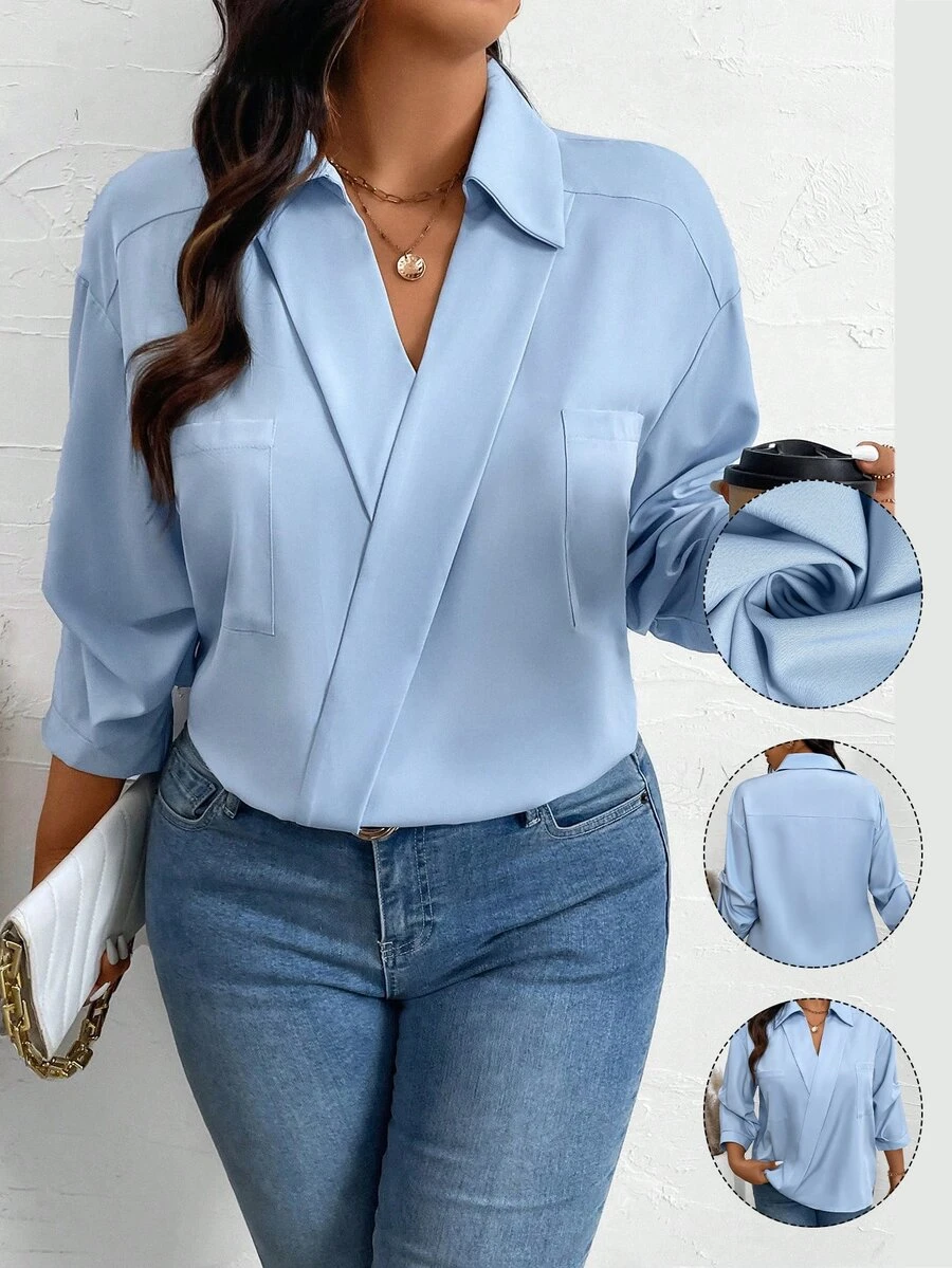 Elenzga Plus Size Solid Color Lapel Mid-Sleeve Minimalist Top, Casual Daily Wear Fall - Baby Blue - View 1