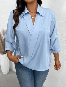 Elenzga Plus Size Solid Color Lapel Mid-Sleeve Minimalist Top, Casual Daily Wear Fall - Baby Blue - View 7