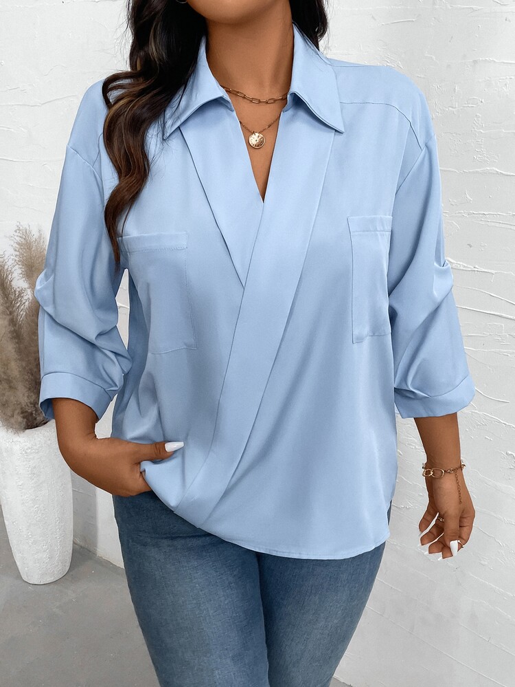 Elenzga Plus Size Solid Color Lapel Mid-Sleeve Minimalist Top, Casual Daily Wear Fall - Baby Blue - View 7