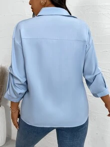 Elenzga Plus Size Solid Color Lapel Mid-Sleeve Minimalist Top, Casual Daily Wear Fall - Baby Blue - View 4