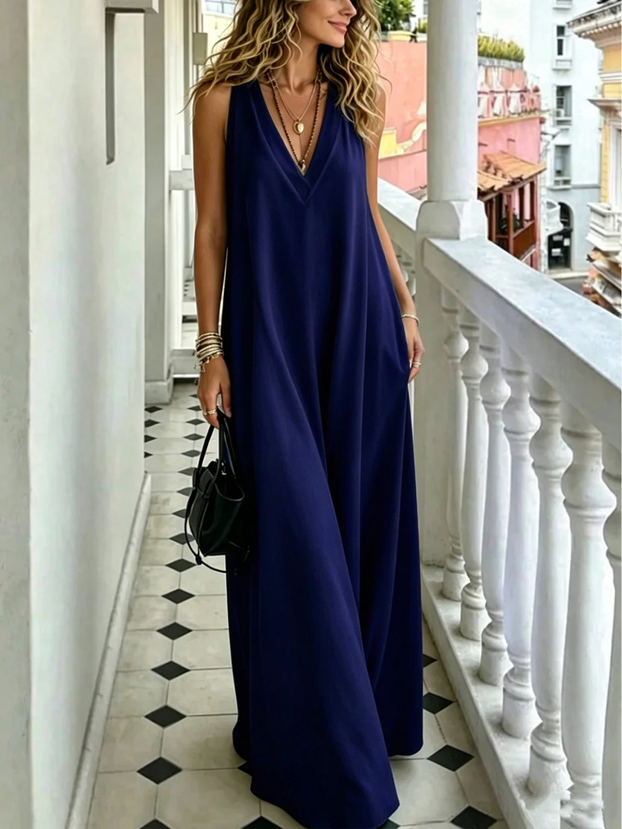 Breezaya Women's Solid Color V-Neck Loose Casual Everyday Versatile Spaghetti Strap Dress Brunch Vacation Navy Blue Summer