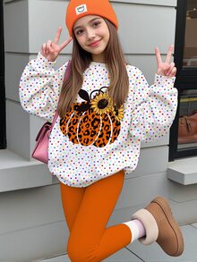 SHEIN 萬聖節青少年女孩休閒極簡可愛豹紋南瓜圖案南瓜色寬鬆圓領衛衣與鬆緊腰長褲套裝，適合秋冬派對造型，秋季冬季，日系可愛慵懶風 - 彩色 - 查看 2