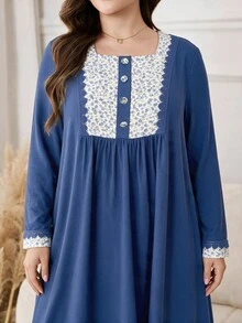 Lacomfia Plus Size Blue Square Neck Long Sleeve Patchwork Floral Water-Soluble Lace Trim Button Casual Elegant Dress - Blue - View 4