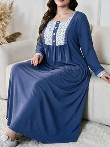 Lacomfia Plus Size Blue Square Neck Long Sleeve Patchwork Floral Water-Soluble Lace Trim Button Casual Elegant Dress - Blue - View 3