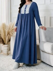 Lacomfia Plus Size Blue Square Neck Long Sleeve Patchwork Floral Water-Soluble Lace Trim Button Casual Elegant Dress - Blue - View 7