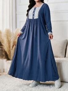 Lacomfia Plus Size Blue Square Neck Long Sleeve Patchwork Floral Water-Soluble Lace Trim Button Casual Elegant Dress - Blue - View 9