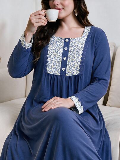Lacomfia Gaun Kasual Elegan Ukuran Besar Warna Biru Leher Persegi Lengan Panjang Motif Bunga Patchwork dengan Hiasan Renda Larut Air dan Kancing