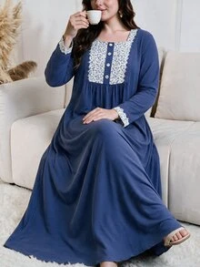 Lacomfia Plus Size Blue Square Neck Long Sleeve Patchwork Floral Water-Soluble Lace Trim Button Casual Elegant Dress - Blue - View 8