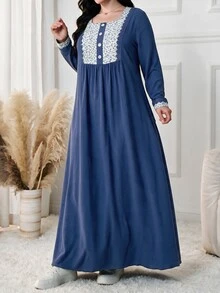 Lacomfia Plus Size Blue Square Neck Long Sleeve Patchwork Floral Water-Soluble Lace Trim Button Casual Elegant Dress - Blue - View 6
