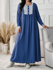 Lacomfia Plus Size Blue Square Neck Long Sleeve Patchwork Floral Water-Soluble Lace Trim Button Casual Elegant Dress - Blue - View 10