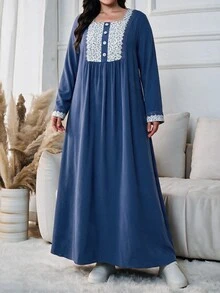 Lacomfia Plus Size Blue Square Neck Long Sleeve Patchwork Floral Water-Soluble Lace Trim Button Casual Elegant Dress - Blue - View 5